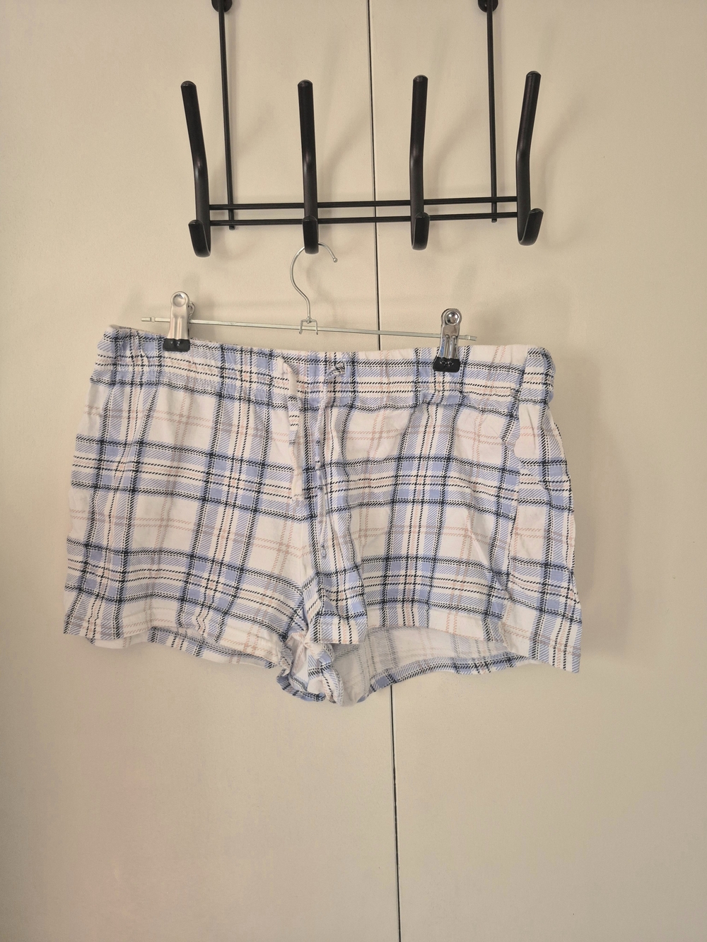 La Vie En Rose White Plaid High Waist Lounge Shorts with Blue Stripes